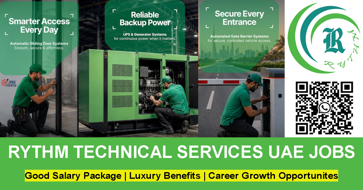 Searching for Technical Services jobs, ELV Technician jobs in Dubai, CCTV technician jobs UAE, access control technician vacancies, structured cabling jobs Dubai, networking technician jobs, fire alarm technician jobs, gate barrier technician jobs, Generator Technician jobs, or technical services jobs in Dubai? Apply now for Rythm Technical Services Careers UAE 2026.